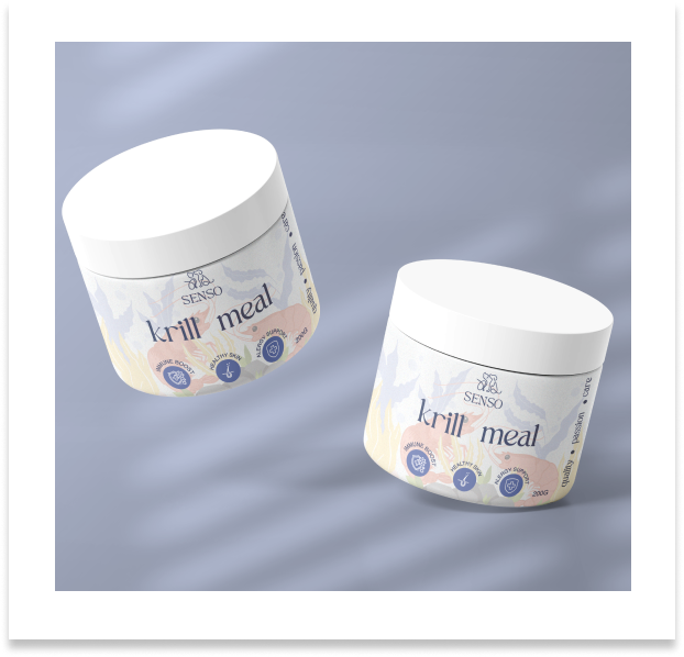 Elegant Krill Meal packaging, using clean lines and subtle design elements to convey a high-end, natural product.