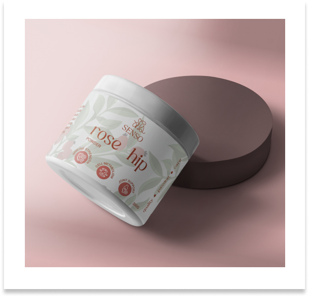 Modern and sleek design of Rose Hip packaging, reflecting purity and health benefits with a refined aesthetic.